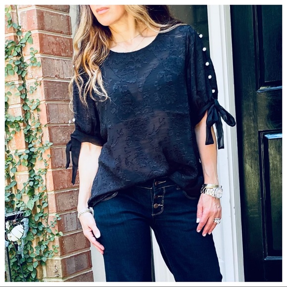 Black textured pearl detail sleeves tunic top - Picture 3 of 8